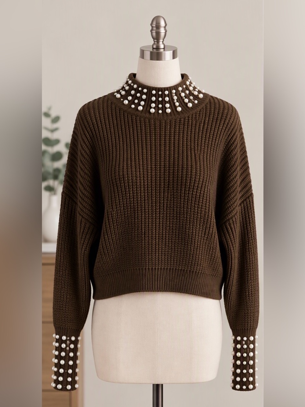 SHEIN Pearl Embellished Mock Neck Sweater Brown Large